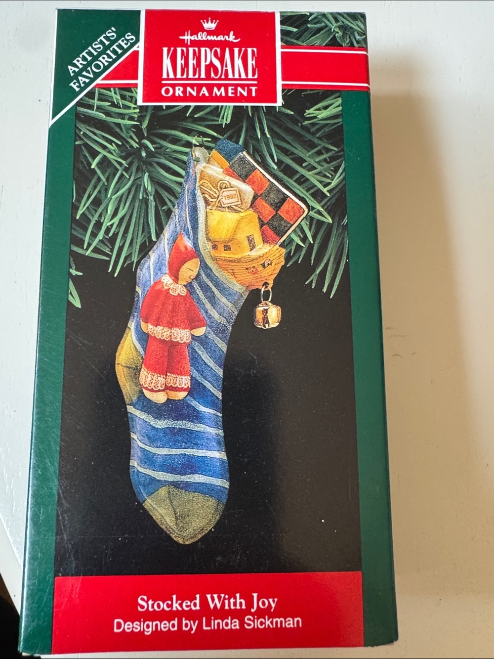 Hallmark Blue Stripe Stocking Ornament with Red Mitten and Gold Bell